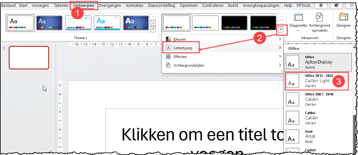 Schermafbeelding met de verschillende stappen voor het instellen van een nieuw lettertypethema in PowerPoint