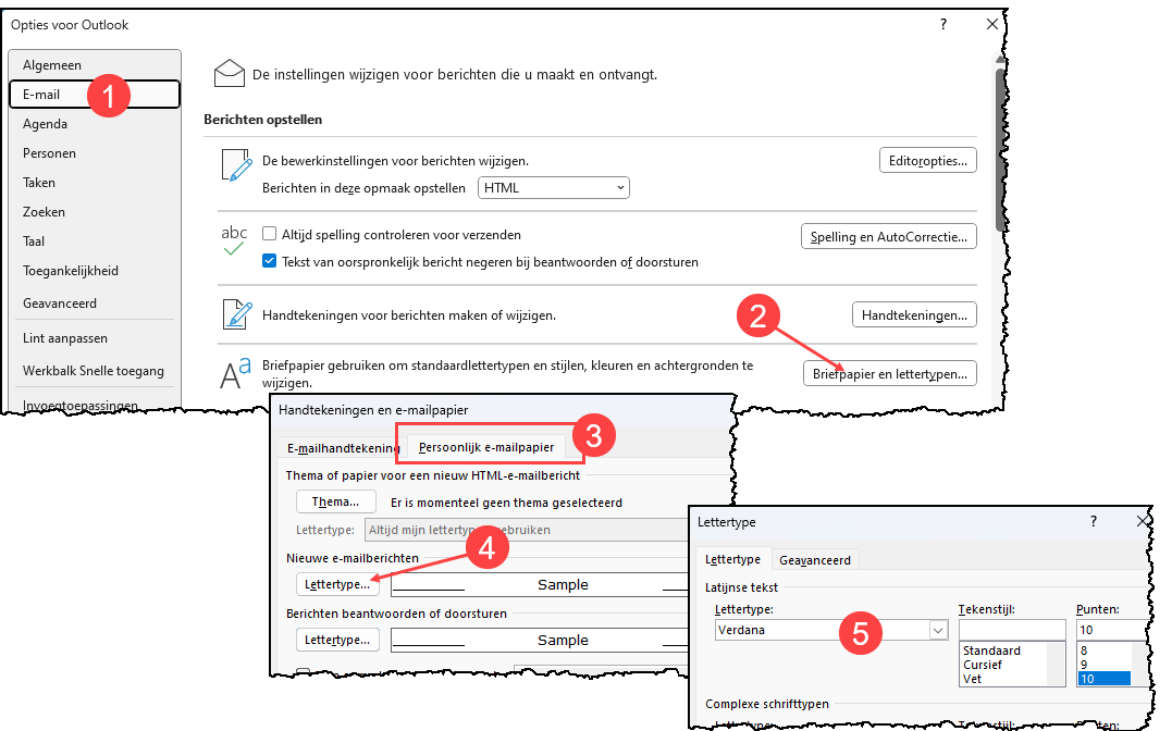 Schermafbeelding met de verschillende stappen voor het instellen van een nieuw lettertype in Outlook.