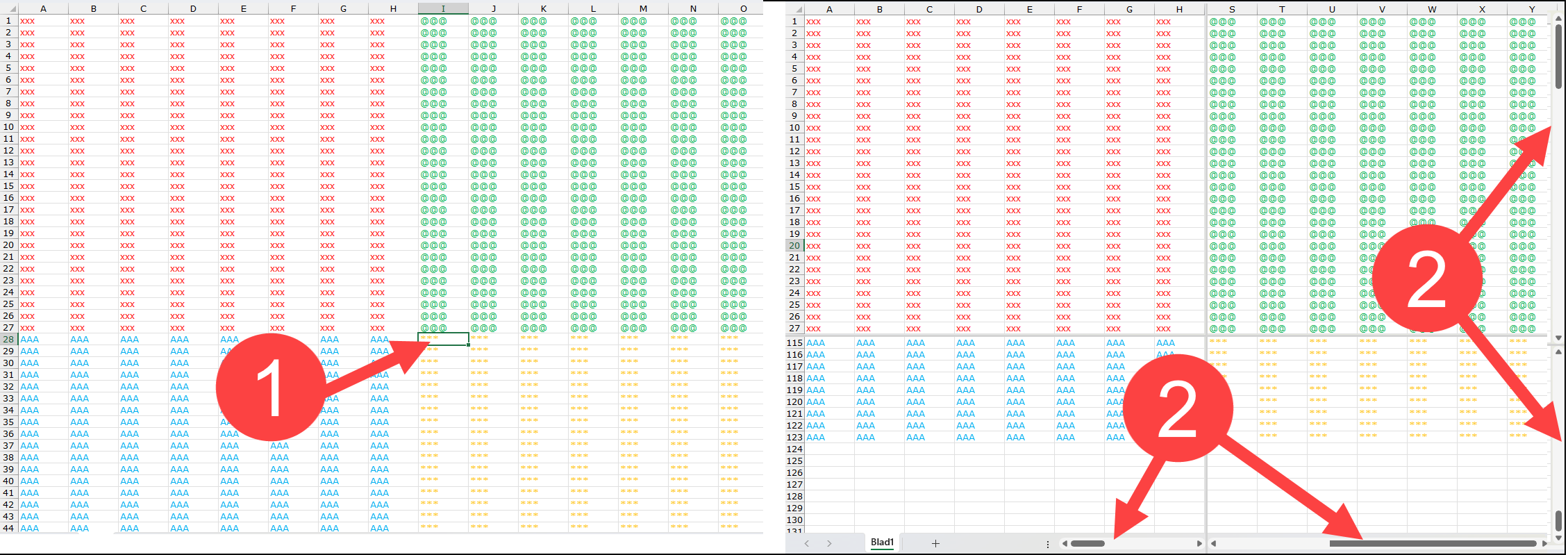 Schermafbeelding van een splitsing in Excel met 4 schermdelen.