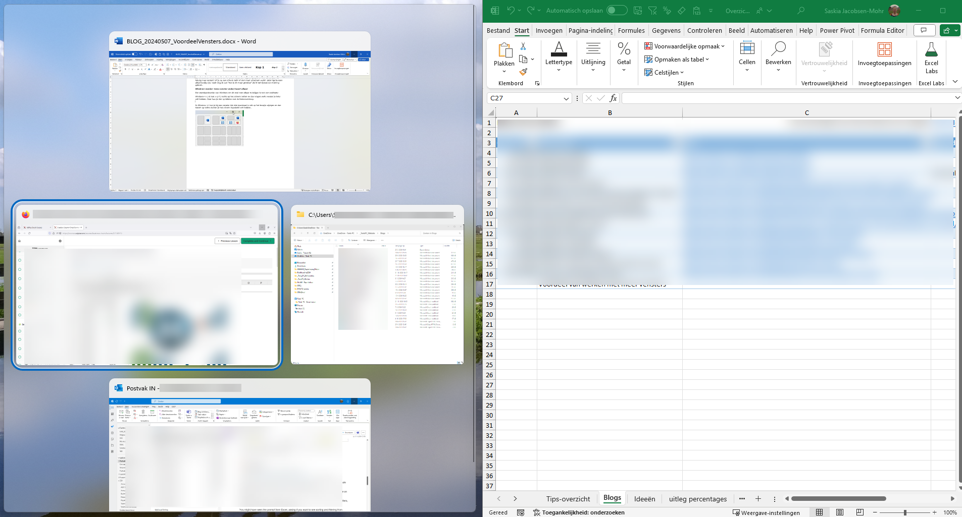 Schermafbeelding van gebruik Windows-toets en pijl rechts: je kunt daarna een venster kiezen dat links moet komen.