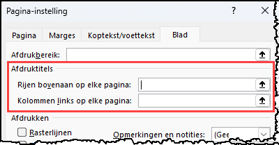 Schermafbeelding van het dialoogvenster Pagina-instelling in Excel , tab Blad waar je de afdruktitels in kunt stellen.