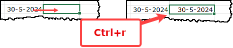 Schermafbeelding: Als B2 is geselecteerd en je gebruikt Ctrl+2 wordt cel A2 gekopieerd.