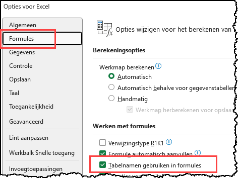 Schermafbeelding van het dialoogvenster waarin je het wel/niet gebruik van tabelformules regelt.