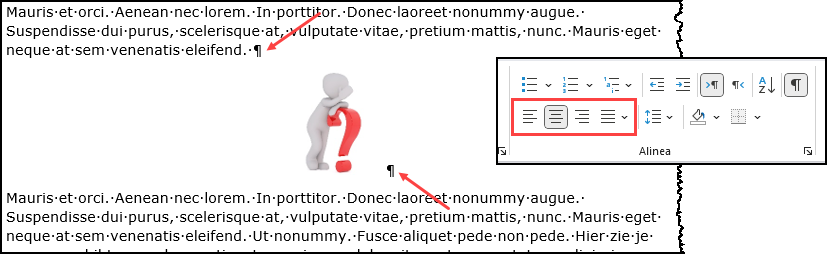 Schermafbeelding van een gecentreerde afbeelding in tekstregel met een Enter vóór en ná de afbeelding. Je ziet er ook de knoppen voor de alinea-uitlijning waarbij Centreren is gekozen