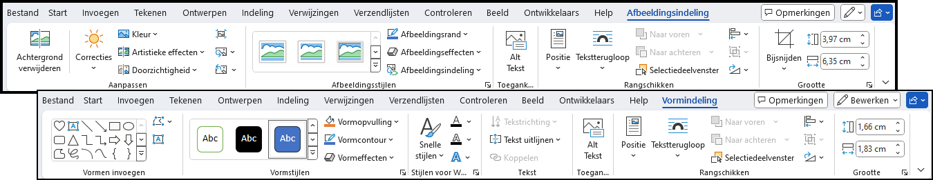 Twee voorbeelden van de speciale tabs in het lint