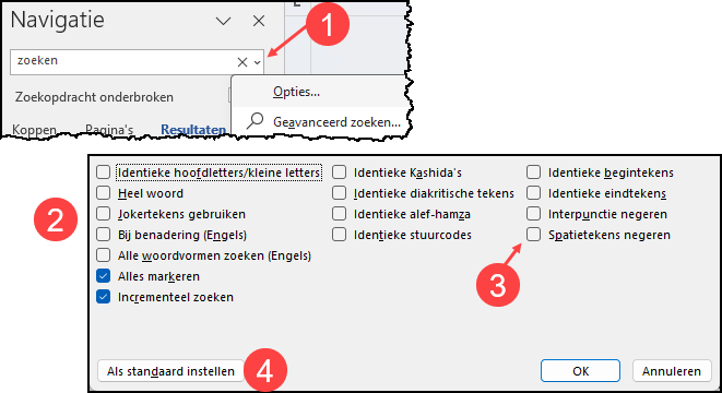 Afbeelding hoe je het navigatievenster kunt uitbreiden met Opties