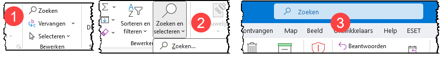 Afbeelding van de verschillende zoekopdrachten in de Officeprogramma's