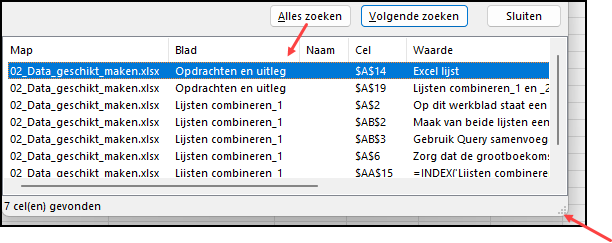 Schermafbeelding met resultaat van Alles zoeken in Excel