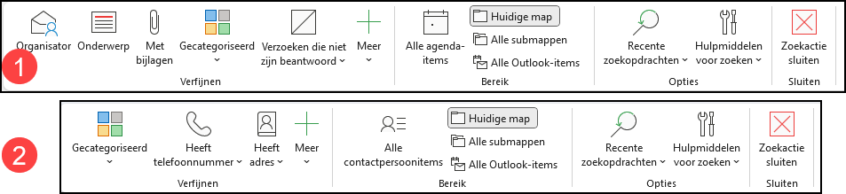 Speciale tabblad Zoeken in Outlook Agenda en Contacten