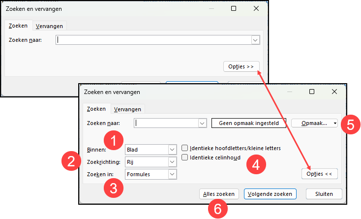 Uitleg met nummering van het dialoogvenster Zoeken en vervangen in Excel