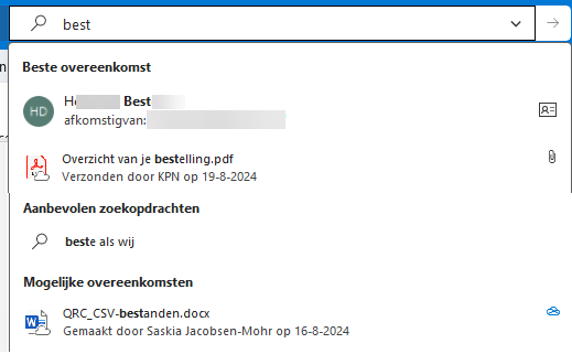 Voorbeeld van zoektekst in Outlook en de voorstellenlijst