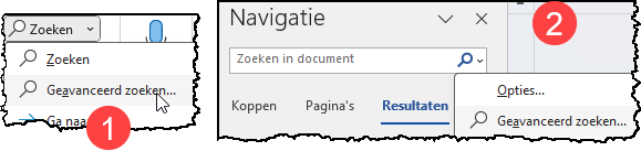 Waar staat de opdracht Geavanceerd zoeken in het lint en navigatievenster 