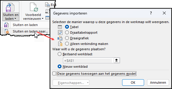 Schermafdruk van de knop Sluiten en laden naar en het venster dat daarna verschijnt