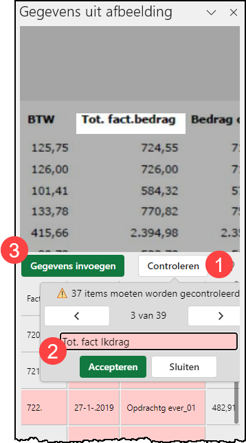 Schermafdruk van het deelvenster dat je moet doorlopen om de gegevens te controleren en in te voegen