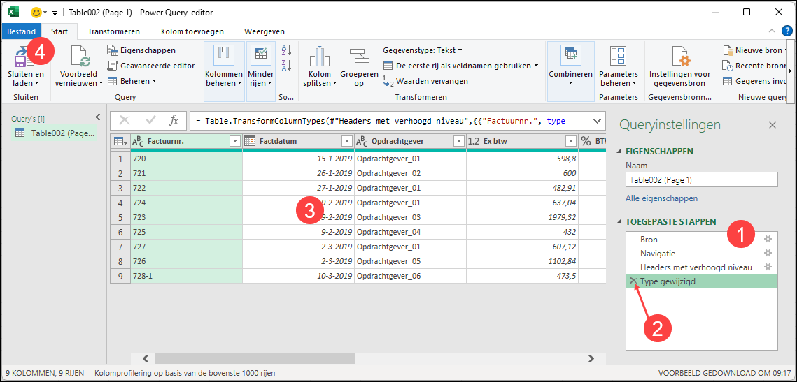 Schermafdruk van Power Query met een uitleg van de onderdelen
