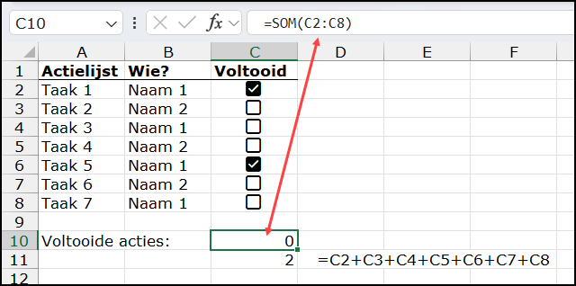 Formule met de SOM van de checkboxen (resultaat 0) en de individueel pgetelde cellen met checkboxen, die 2 als resultaat geeft