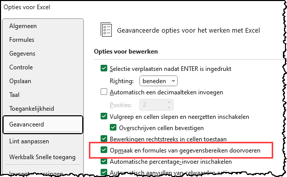 Het dialoogvenster Opties voor Excel met de instelling waarover geschreven wordt