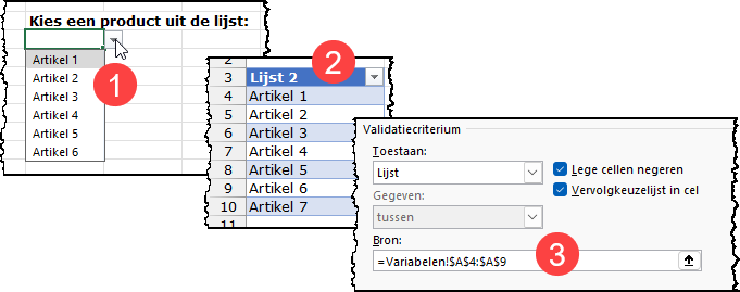Schermafbeelding die toont 1=de lijst in de cel B5 is niet uitgebreid 2= de tabel met een nieuwe optie erbij 3=de niet aangepaste bron van de gegevensvalidatie