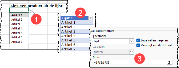 Schermafbeelding die toont 1=de lijst in de cel B5 is uitgebreid 2= de tabel met een nieuwe optie erbij 3=de aangepaste bron van de gegevensvalidatie