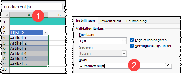 Schermafbeelding hoe je de naam toekent en hoe je dat gebruikt in de gegevensvalidatie