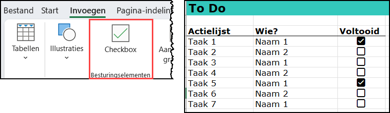 Schermafbeelding knop Checkbox op tab Invoegen een een voorbeeld van het gebruik bij een to-do-lijst
