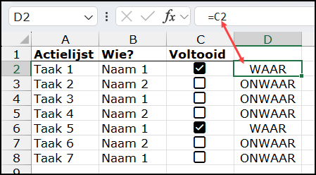Schermafbeelding met 2 checkboxen ingeschakeld en 5 uit. Ernaast de formule die WAAR of ONWAAR laat zien