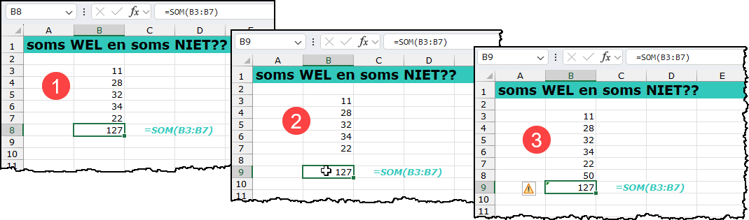 Schermafbeelding met 3 stappen: 1=startsituatie 2=ingevoegde rij 3=de berekening is niet aangepast.