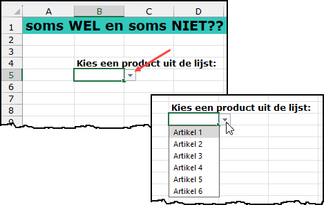 Schermafbeelding van een cel met een validatie Lijst en de opties die gekozen kunnen worden 
