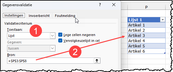 Schermafbeelding van het dialoogvenster gegevensvalidatie met de instellingen zoals beschreven in de tekst. En de tabel met de keuzemogelijkheden