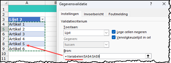 Schermafbeelding waarbij de tabel op een ander werkblad staat. Ook hoe de bron er bij de validatie dan uitziet.