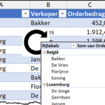 Schermafbeelding van een tabel en een draaitabel die ervan gemaakt is