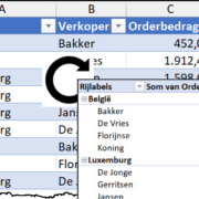 Schermafbeelding van een tabel en een draaitabel die ervan gemaakt is
