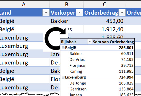 Schermafbeelding van een tabel en een draaitabel die ervan gemaakt is