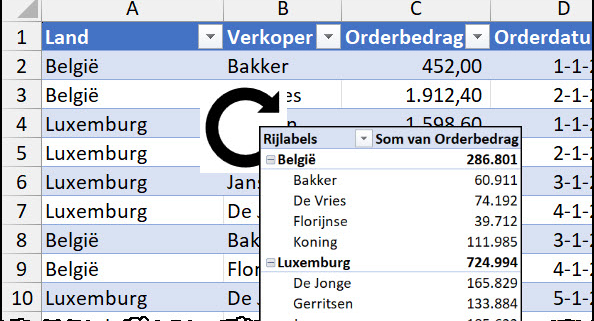 Schermafbeelding van een tabel en een draaitabel die ervan gemaakt is