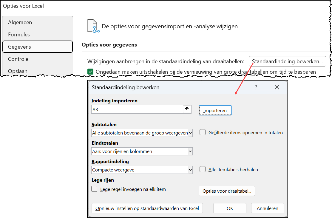 Schermafbeelding van de knop bij de Opties en eht scherm dat er dan vershcijnt waarin je de standaardinstelling kunt wijzigen.