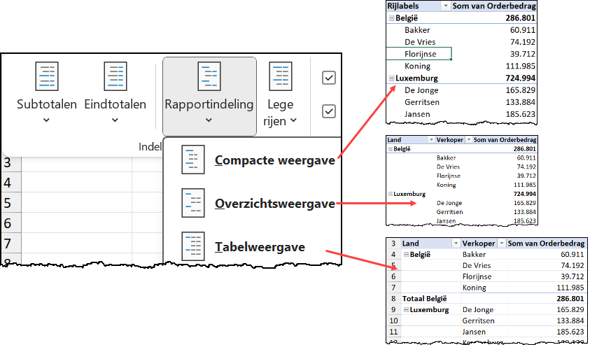 Schermafbeelding van de tab Ontwerpen met verschillende rapportindelingsopties en voorbeelden
