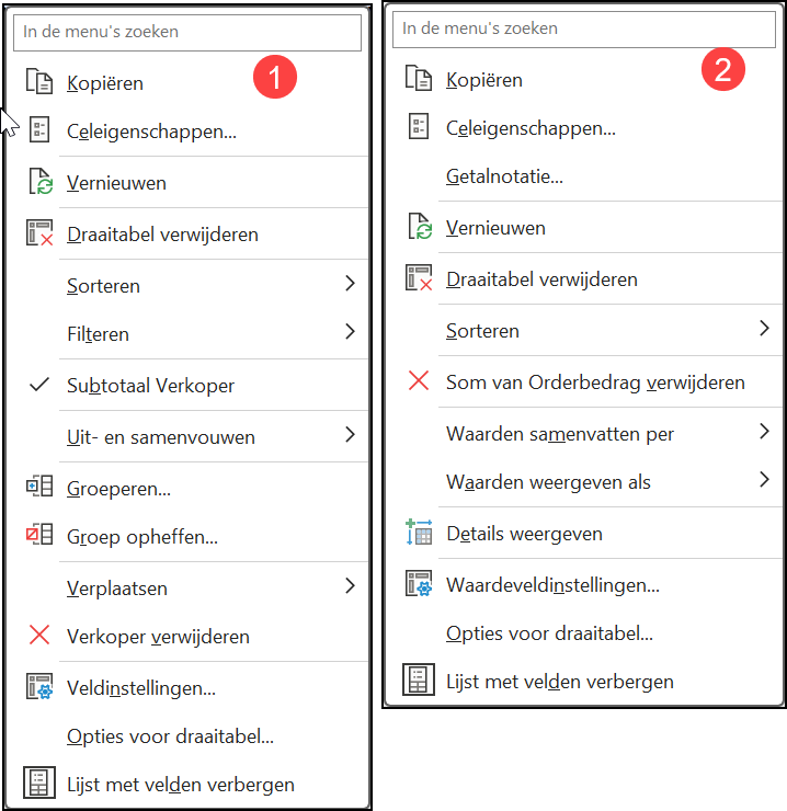 Schermafbeelding van de twee menu's