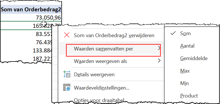 Schermafbeelding van het menu bij de rechtermuisknop van een cel met een berekende waarde. Je ziet de opdracht Waarden samenvatten per en de mogelijke berekeningen,