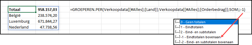 Schermafbeelding van het resultaat en de argumenten