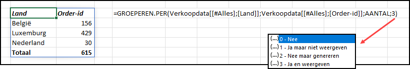 Schermafbeelding van het resultaat en de argumenten