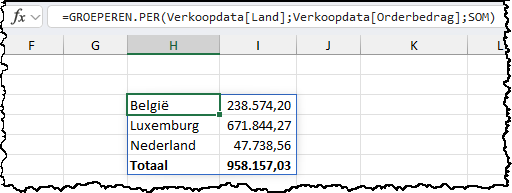 Schermafdruk: formulebalk met de groeperen.per-functie en het resultaat met opgemaakt cellen dit keer.