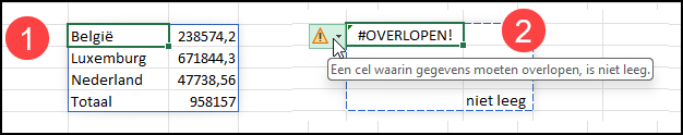 Schermafdruk van een correct resultaat 1: met blauwe rand. En wat er gebeurt als er niet voldoende ruimte is: de foutmelding #OVERLOPEN!