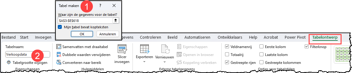 Schermafdruk van het dial Tabel maken en hoe je de tabel daarna een naam geeft.