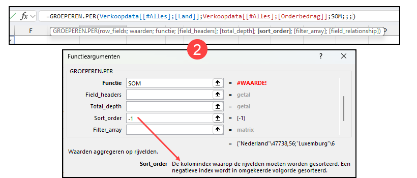 Schermafdruk waarin je ziet dat soms het dialoogvenster slimmer is (bij sorteren-argument) en soms de beschrijving bij het maken in de cel (bij field header-argument).