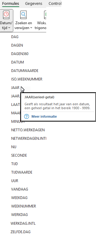 Schermafbeelding met alle datumfuncties die je vindt o de tab Formules