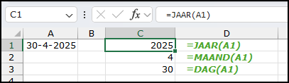 Schermafbeelding: Met de functie JAAR haal e uit 30-4-2025 het jaartal 2025, met functie MAAND het maandnummer (4) en met de functie DAG het dagnummer (30)