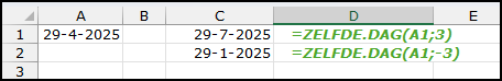 Schermafbeelding met de functie zelfde.dag met een positief (vooruit) en een negatief (achteruit) 2e argument