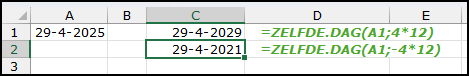 Schermafbeelding van de functie zelfde.dag waarin 4 jaren vooruit/achteruit getoond wordt