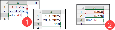 Schermafbeelding waarbij twee datums van elkaar worden afgetrokken en je het aantal dagen ertussen ziet.