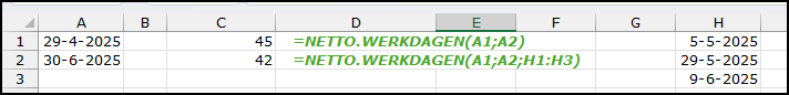 Schermafbeelding waarin je het verschil ziet tussen netto.werkdagen met en zonder laatste argument met feestdatums